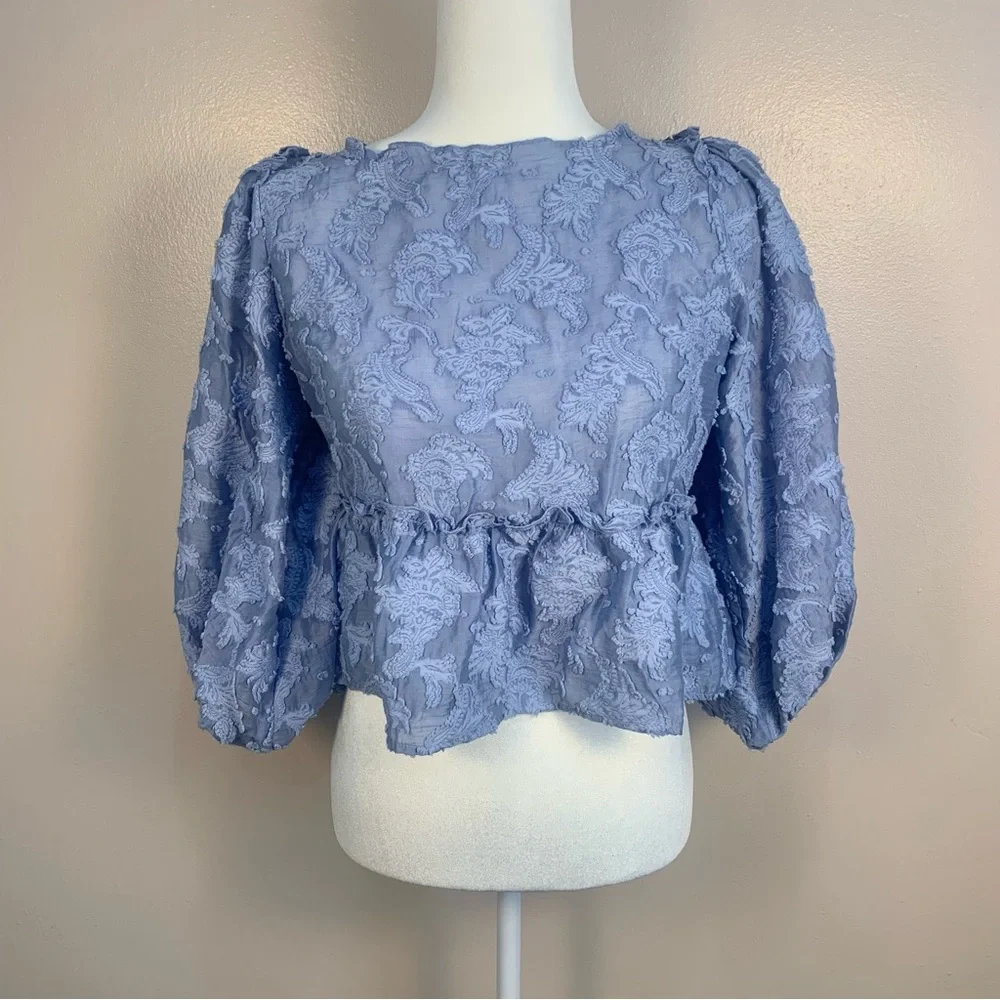 Free People Callie Balloon Sleeve Open Back Textured Blouse - Picture 5 of 16